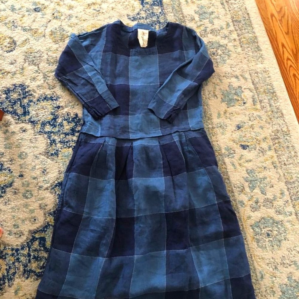 Ichi Antiquites Blue Plaid Linen Dress